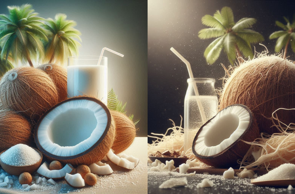 A bowl of finely shredded desiccated coconut placed on a rustic kitchen table with baking ingredients around.